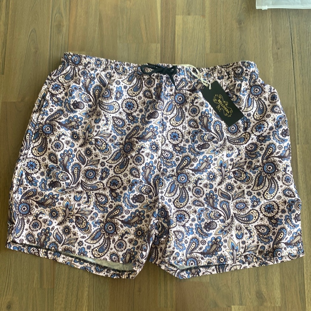 🎈Bellivera Mens Paisley Swim Trunks Size XL, Built in Mesh Briefs, Pockets, NWT